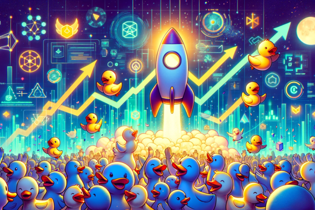 A vibrant and festive image depicting a cartoon rocket surrounded by enthusiastic cartoon ducks, symbolizing DuckDAO's Kickstarter campaign in the blockchain world. The scene includes abstract symbols and digital patterns representing growth and progress.